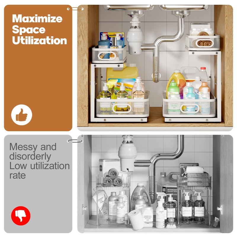 2 Pack Under Sink Organizer With Smooth Cylindrical Rail,2-Tier Pull Out Mult... gallery