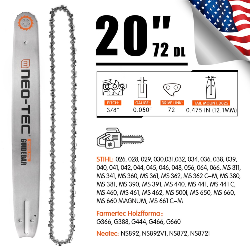 20'' Chainsaw Guide Bar Chain 3/8" 0.050" 72DL For STIHL MS381 MS390 MS660 MS362