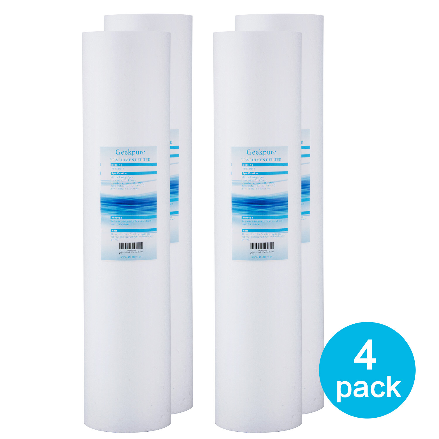 Geekpure Whole House PP Sediment Replacement Water Filter 4.5" x 20" -5 Mic 4 PK gallery