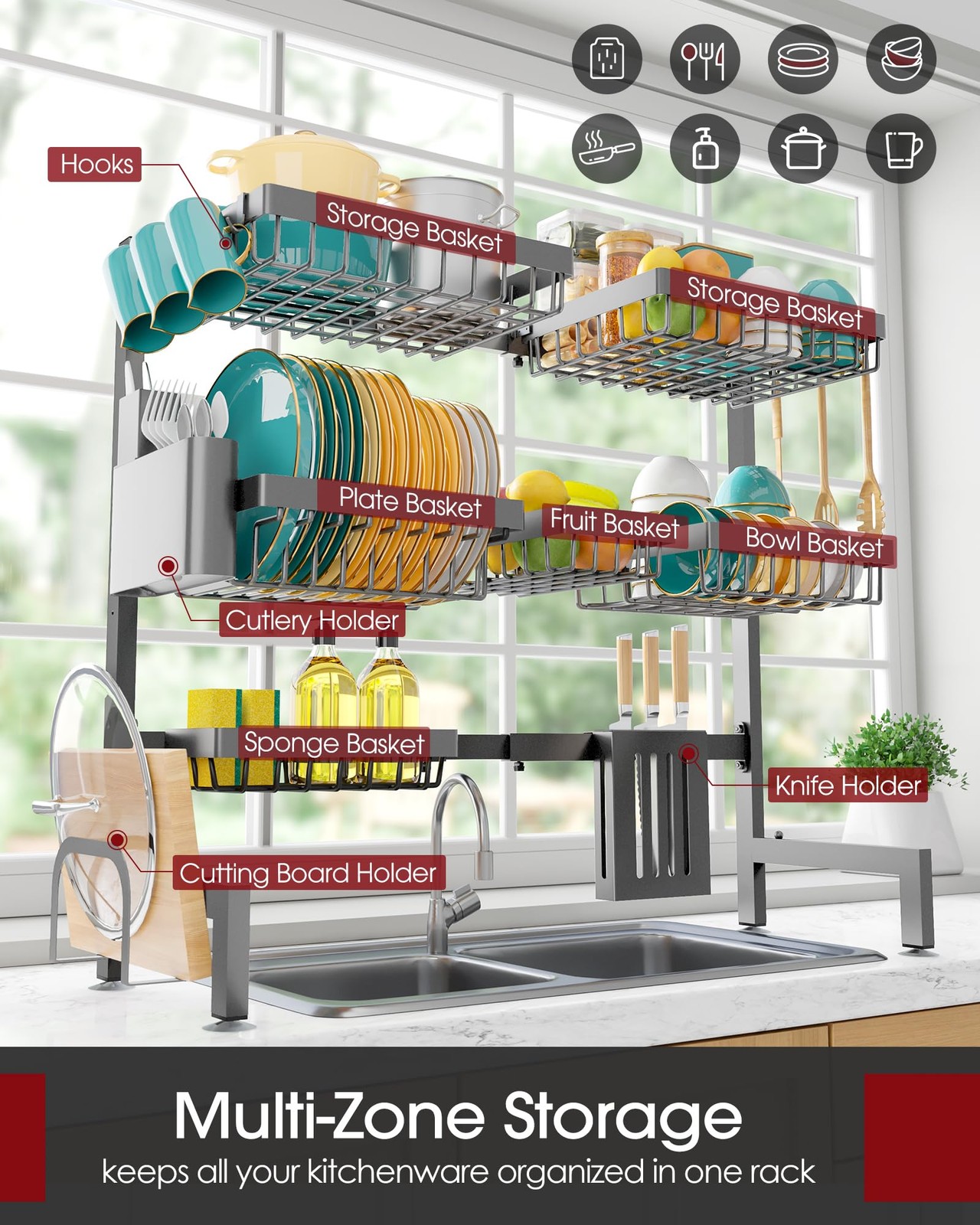 XX-Large Over-Sink Dish Drying Rack – Adjustable 3 Tier Stainless Steel Storage gallery