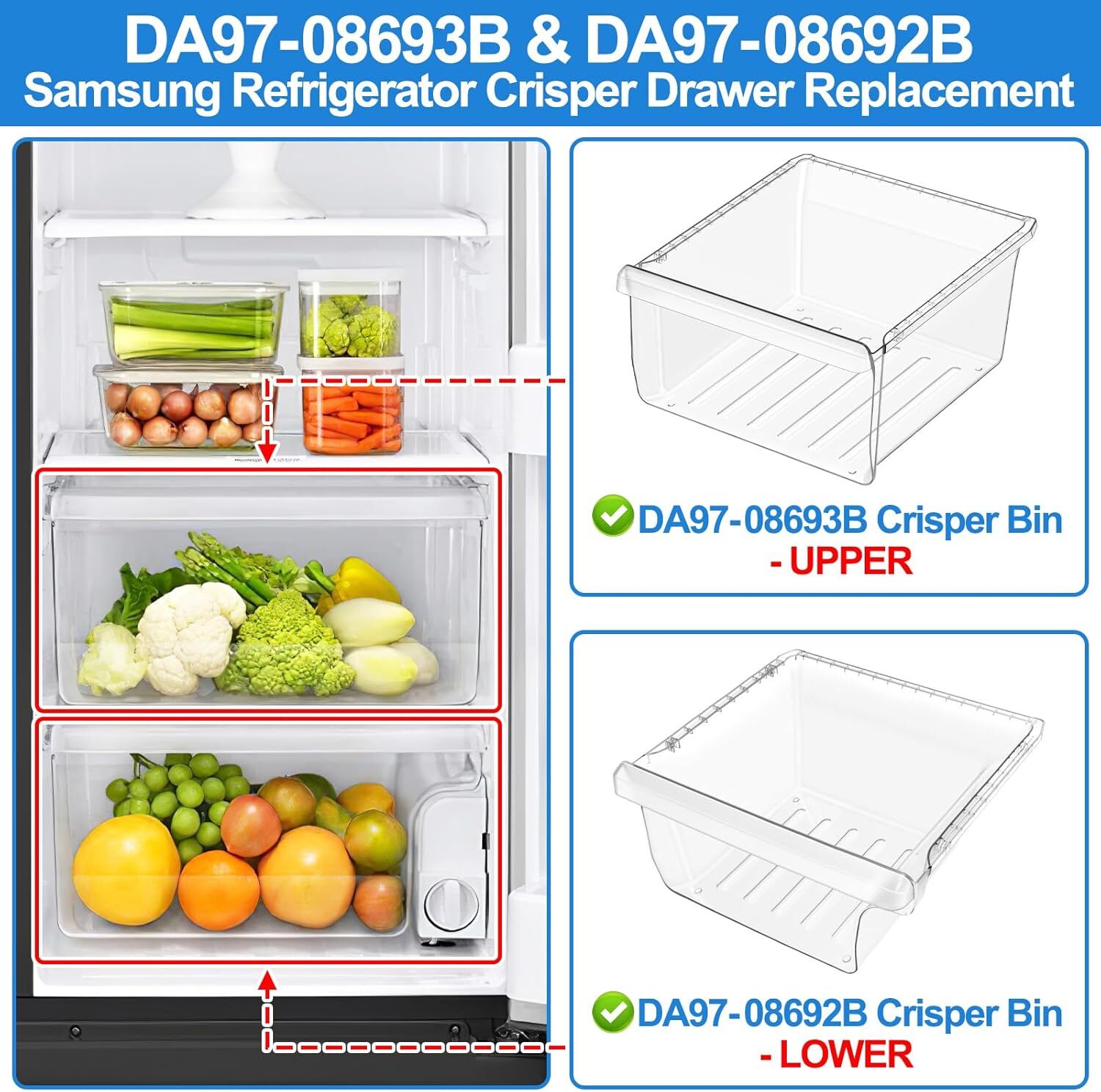 DA97-08693B Refrigerator Crisper Drawer Upper & DA97-08692B Fridge Crisper Bin gallery