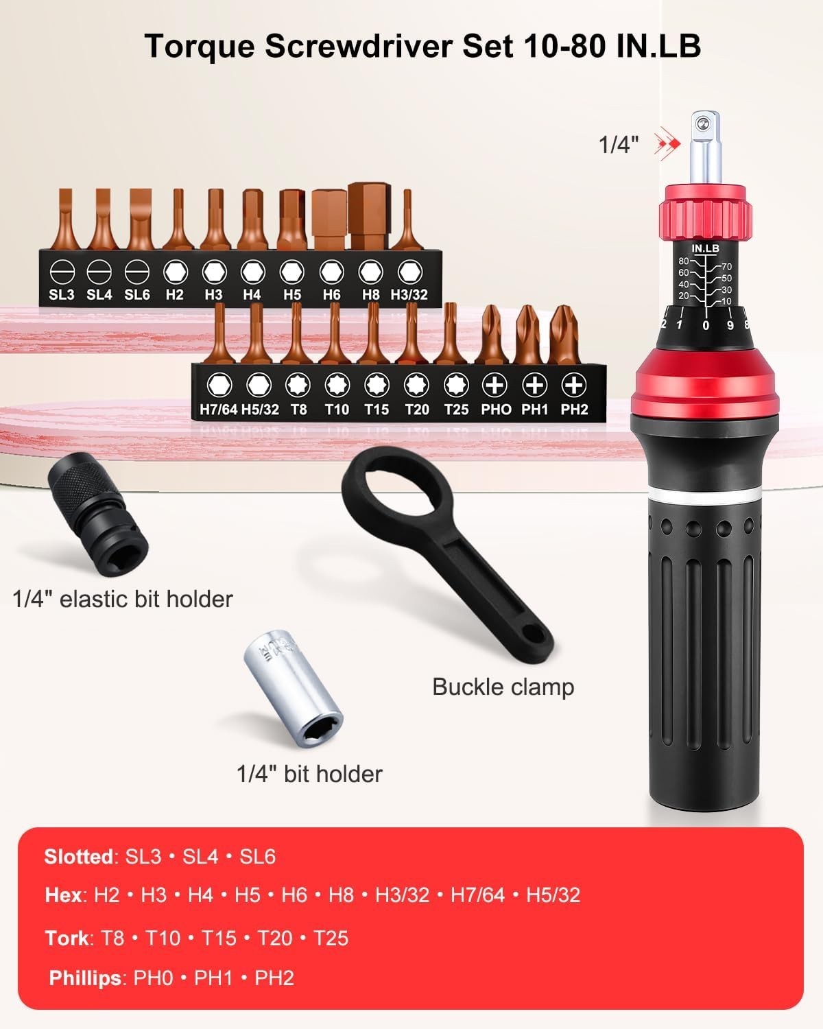Torque Screwdriver 10-80 In.Lb, Inch Pound Torque Screwdriver Set with 1/4" Bit gallery