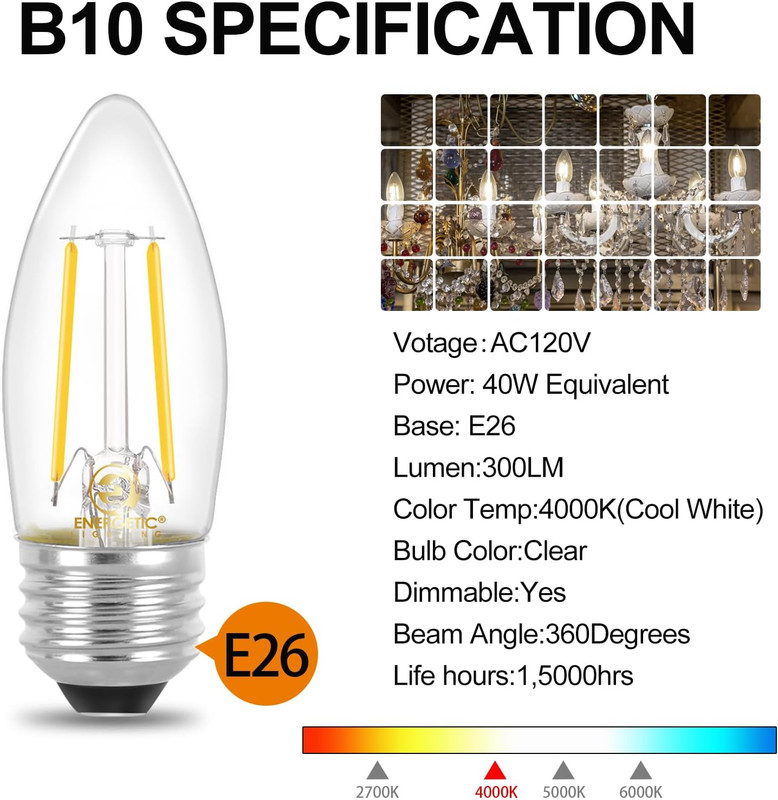 Energetic B10 B11 LED Filament Bulb E26 Candelabra Medium Base 4000K Cool White, gallery