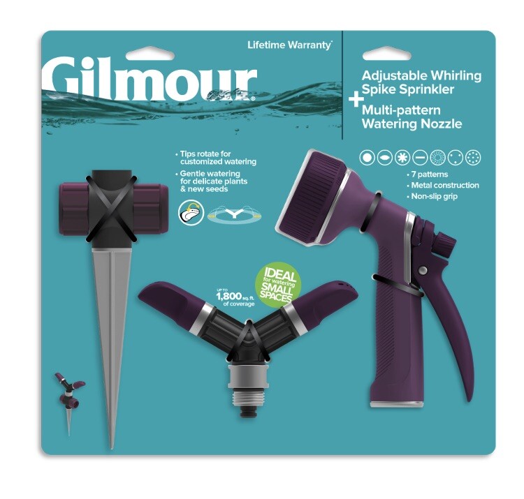 GILMOUR Adjustable Whirling Spike Sprinkler & Multi Pattern Watering Nozzle Set gallery