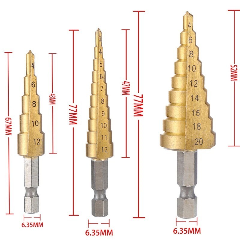 3pcs/Set Titanium Step Cone Drill Hole Cutter Bit HSS Large Set Tool With Pouch gallery