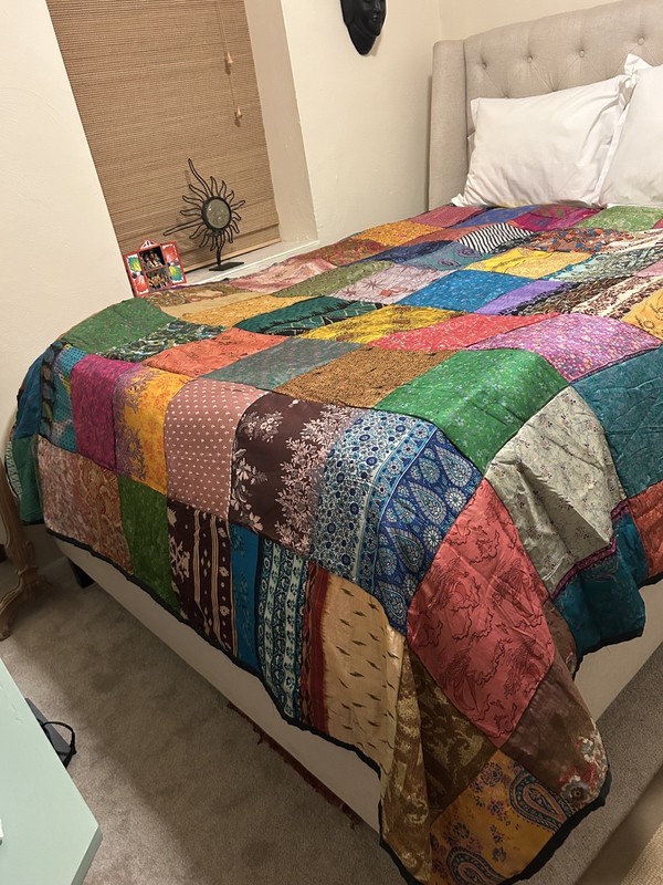 Sacred Threads Bohemian Silk Patchwork Quilt. 78”X 93”. Made In India gallery