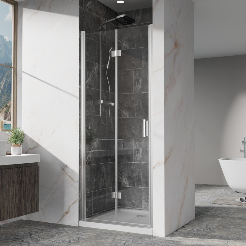 32"x72" Frameless Bi-Fold Pivot Shower Door - 6mm Clear Glass, Chrome Hardware gallery