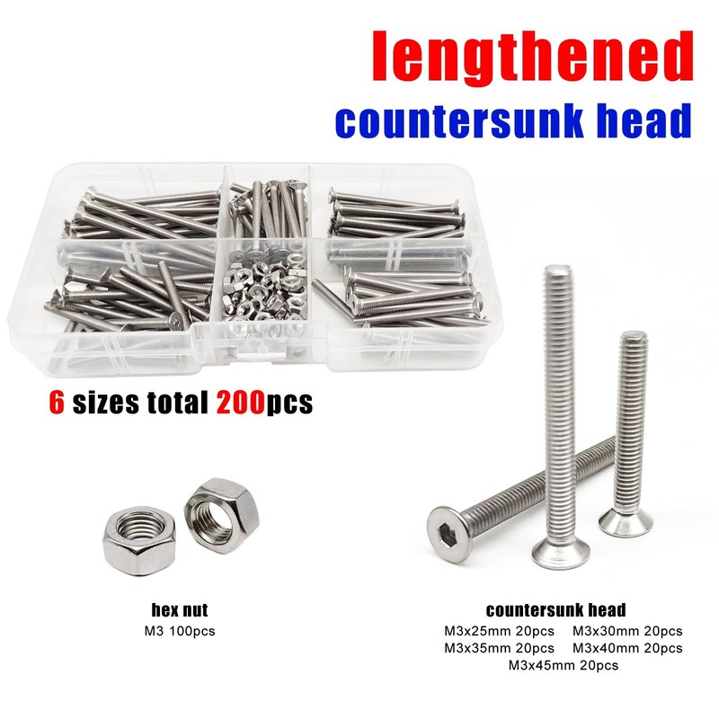 200pcs Long M3 Allen Hex Socket Head Screw Bolt Nut Set Kit 304 Stainless Steel gallery