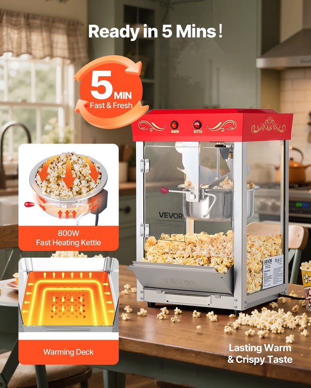 VEVOR Popcorn Machine Countertop Popcorn Popper Maker 800W 8oz Kettle 48Cups Red gallery