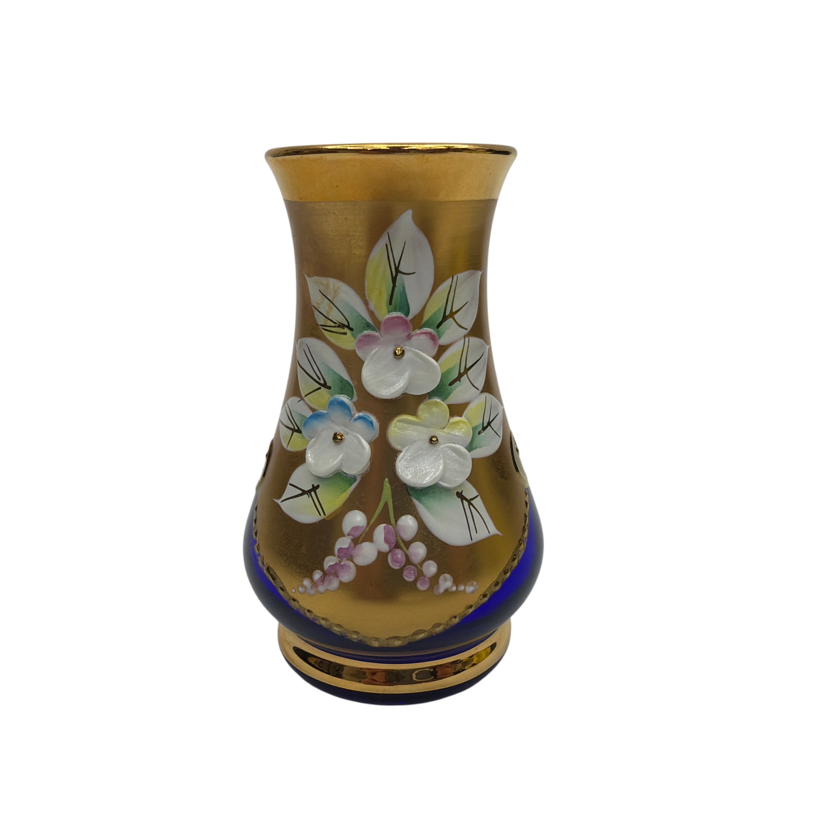Bohemia Glass Czechoslovakia Cobalt Blue Gold Enamel Floral Bud Vase 3.5 in gallery