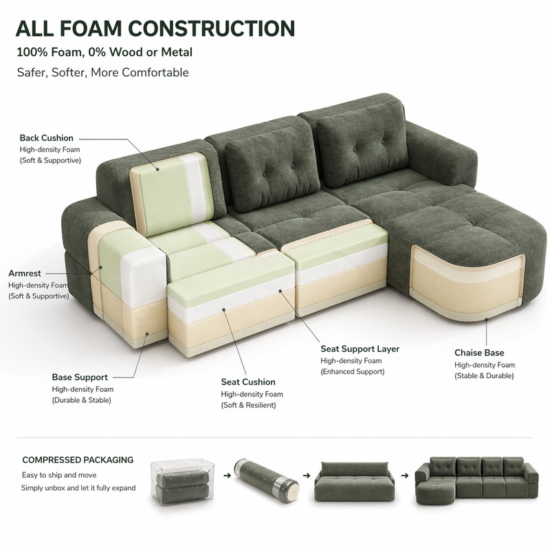 112" Modular Sectional Sofa Couch with Chaise L-Shaped Tufted Cloud Couch, Beige gallery
