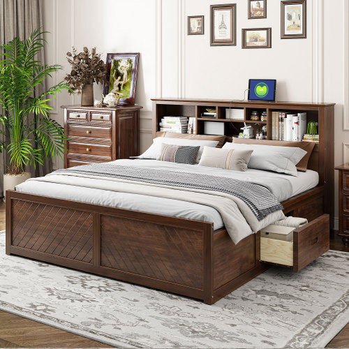 King Size Platform Bed with Storage Drawers Bookcase Headboard Wooden Bed Frames gallery