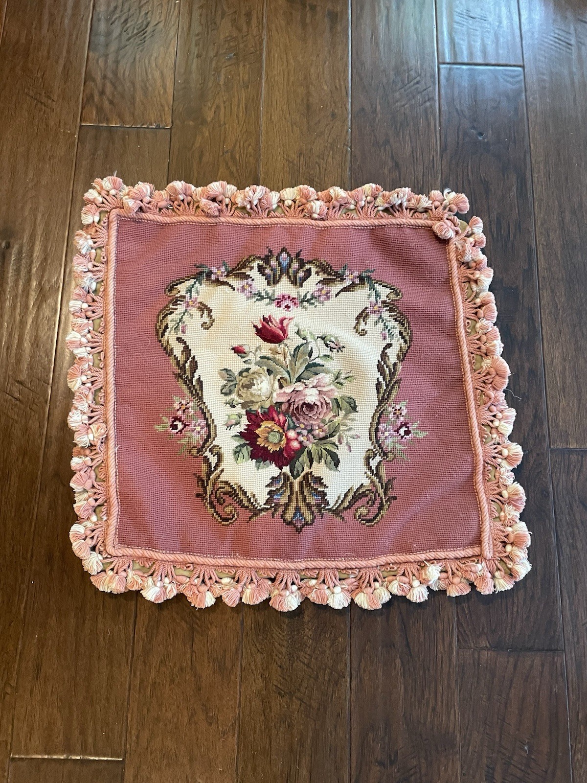 Beautiful Wool Petit Point Needlepoint Floral Tasseled Velvet Throw Pillow Cover gallery