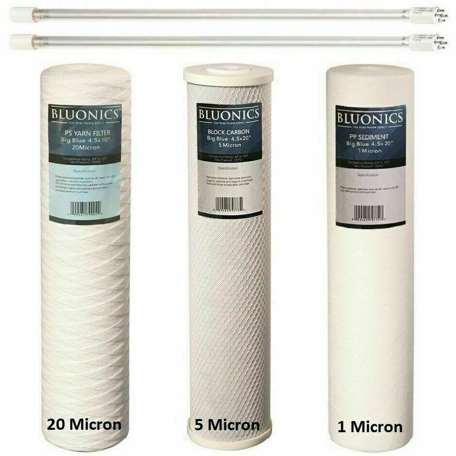 Bluonics Triple Water System Replacement Filter Set 4.5x20" w/ UV Bulbs