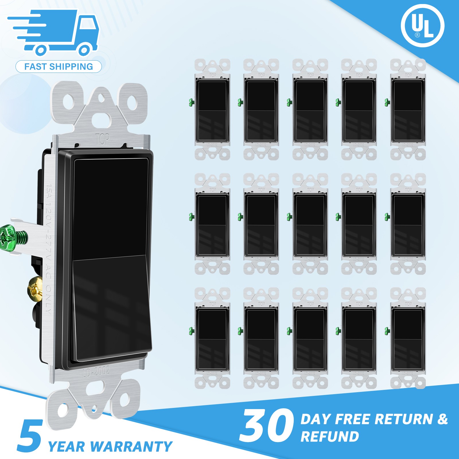 16PK Black Decorator 3 Way Rocker Switch 15A 120/277V UL Certified Single Pole gallery