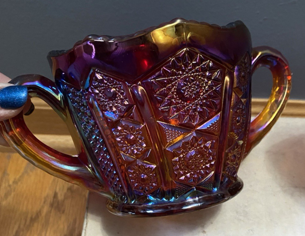 Indiana Glasss Iridescent Sunset Carnival Glass 2pc Sugar Pot & Creamer Set 2287 gallery