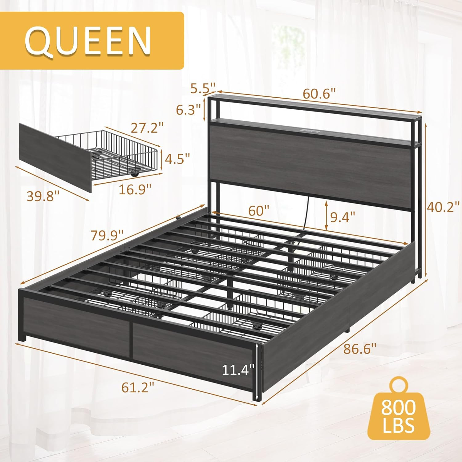 Rustic Grey Queen Bed Frame with Storage Headboard & Charging Station gallery