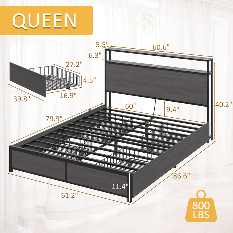 Rustic Grey Queen Bed Frame with Storage Headboard & Charging Station gallery