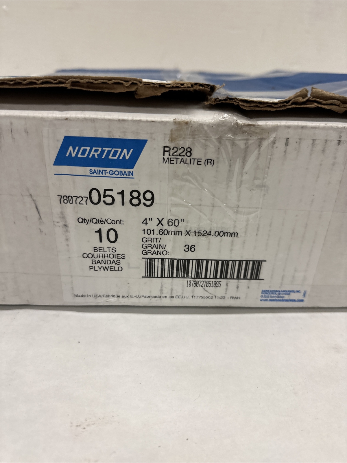 Norton 78072705189 4x60” Gemini R228 AO Cloth Narrow Belts 36 Grit Coarse 10 pk gallery