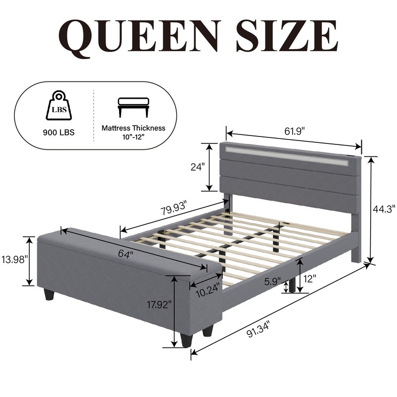 Queen/Full Bed Frame with Storage/Upholstered Headboard with Charging Station gallery