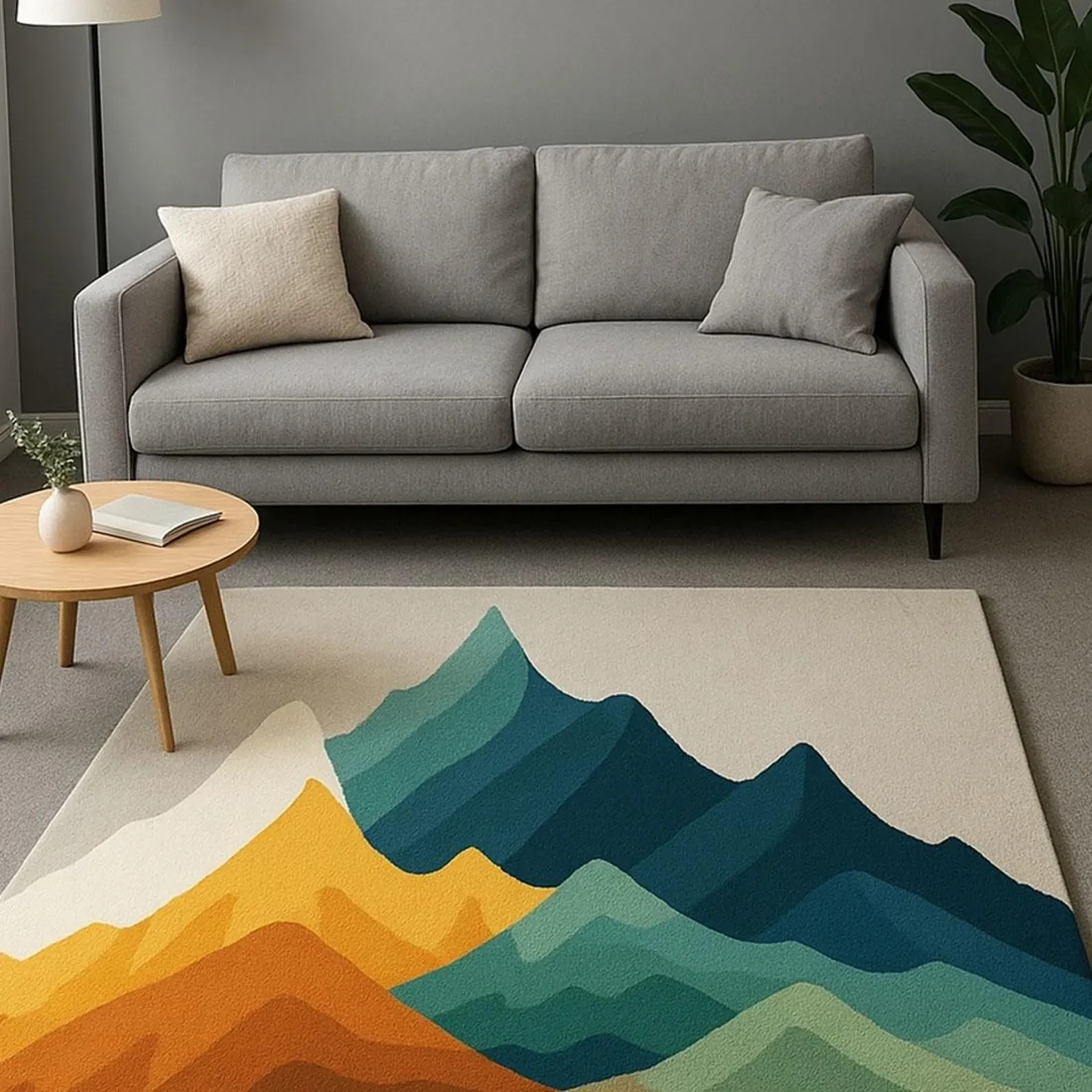 Hand Tufted 100% Nz Wool Yellow, And Multi Vibrant Mountain Design Rug gallery
