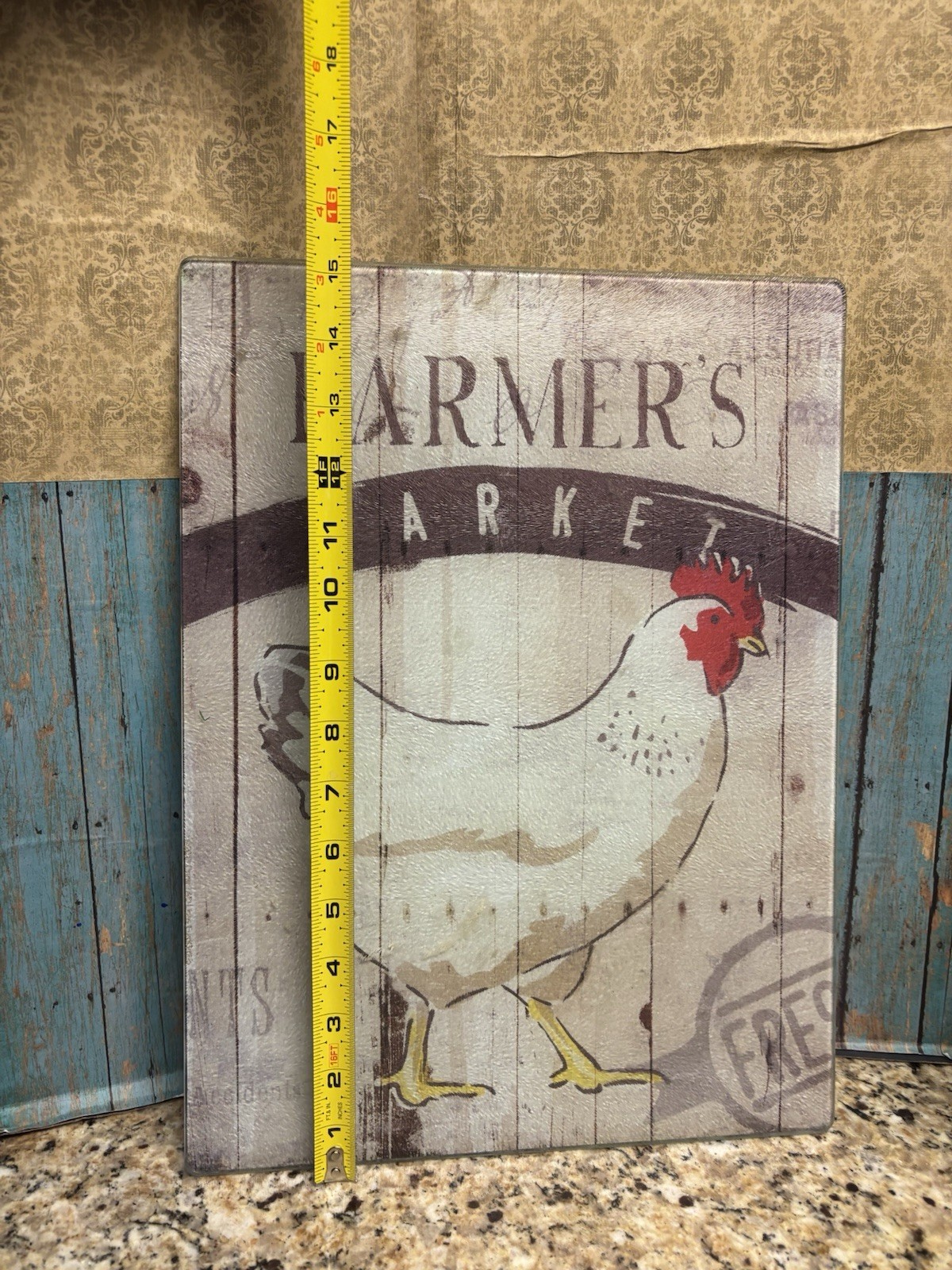 Rooster Counter Saver Art Glass Cutting Board Vintage 15"x11.5” Farmers Market gallery