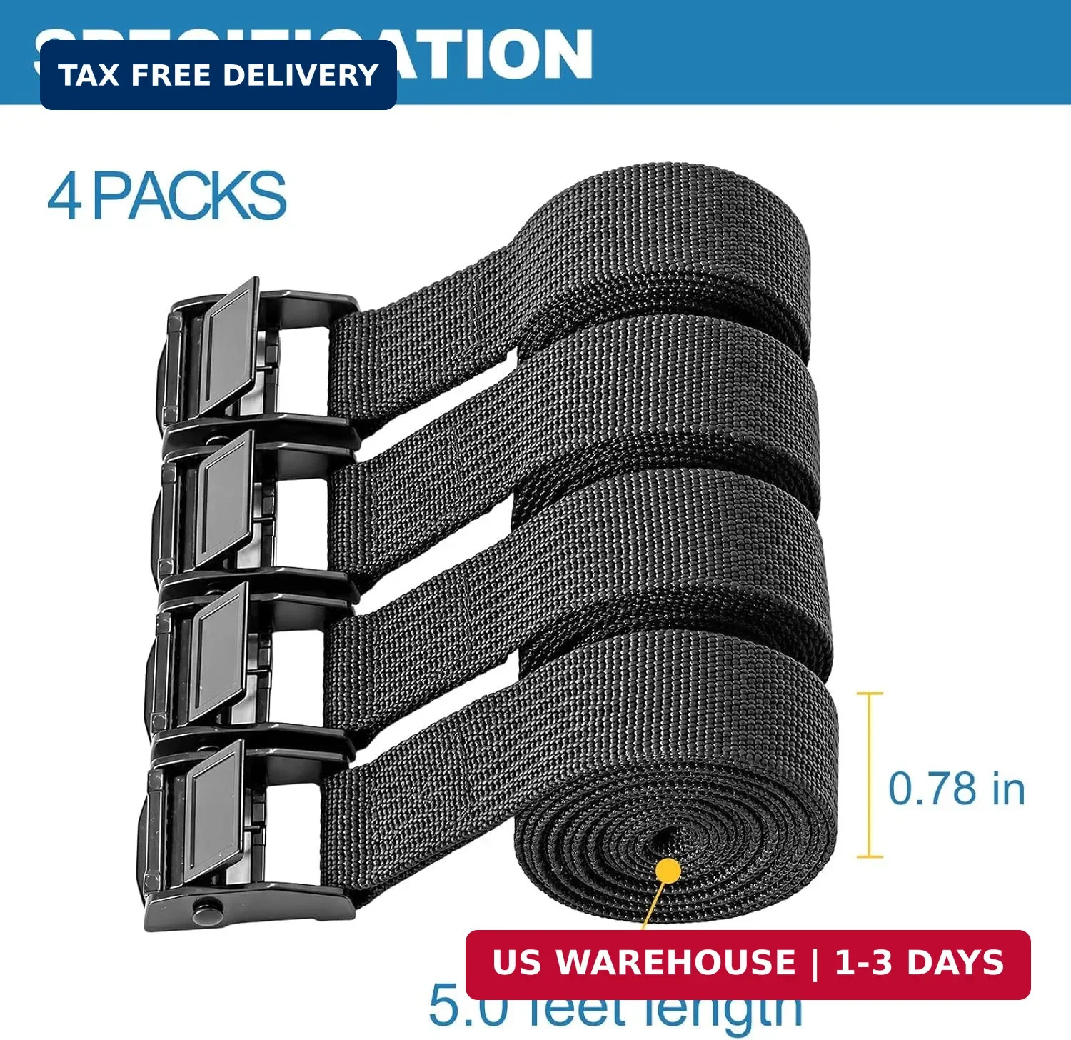0.78" x5' Adjustable Cam Buckle Lashing Straps, Tie Down Straps for Cargo, Truck gallery