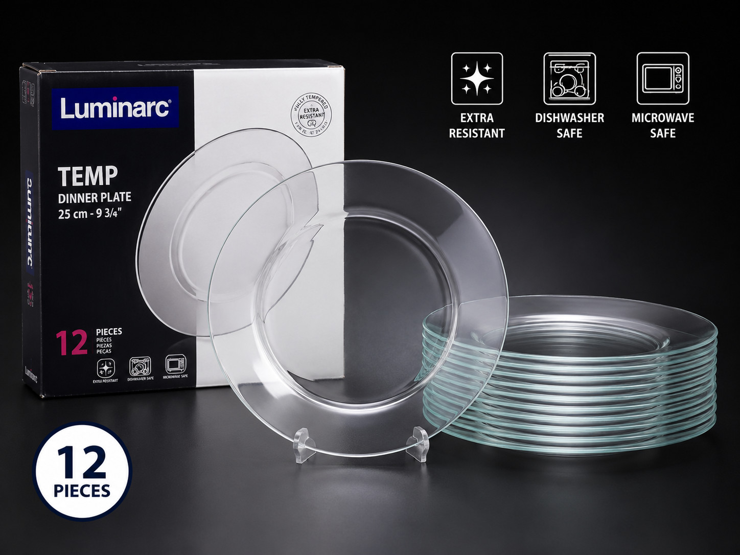 🍽️ Luminarc Temp Directoire Clear Glass Dinner Plates 25cm – Set of 12 | New gallery