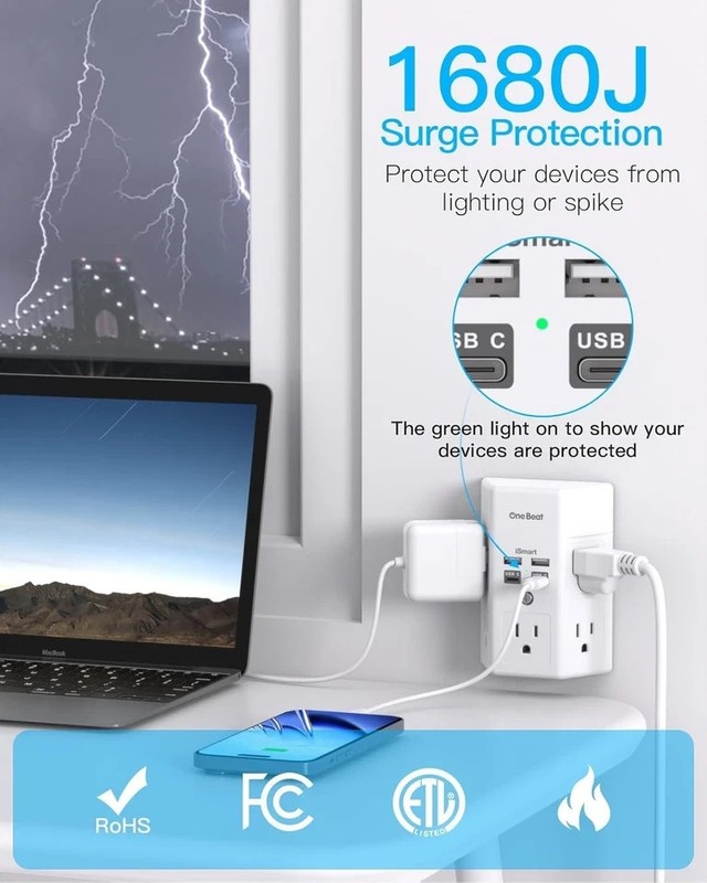 5 Outlet Extender Surge Protector Multi Plug Wall Adapter USB Charger Ports with gallery