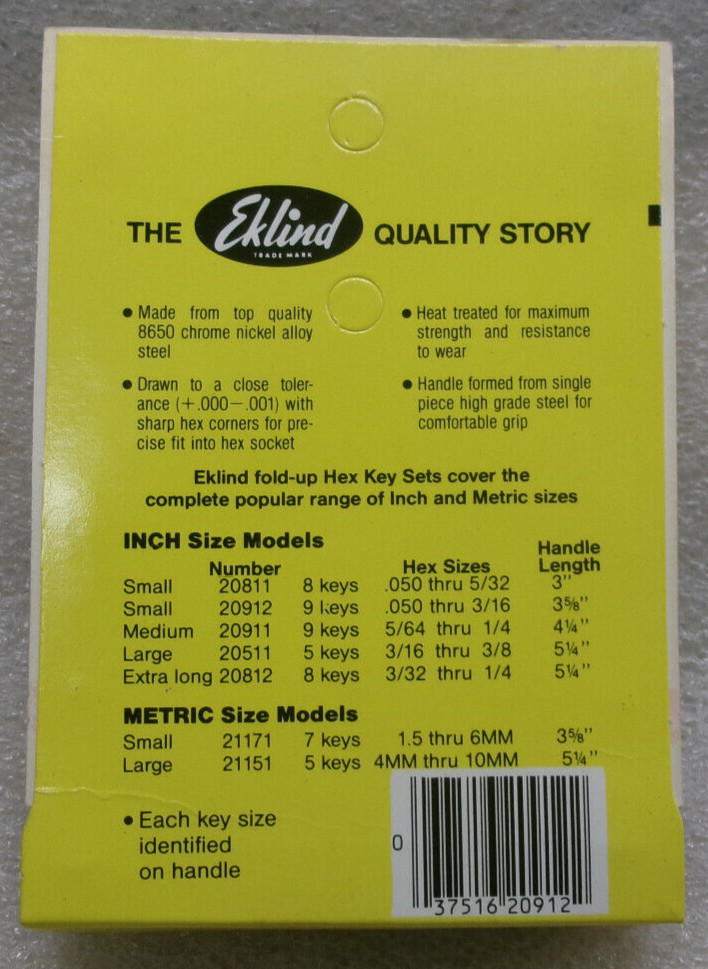 EKLIND FOLD-UP SAE INCH HEX KEY SET 9 IN 1 NO. 91-S EDP NO. 20912 #413D gallery
