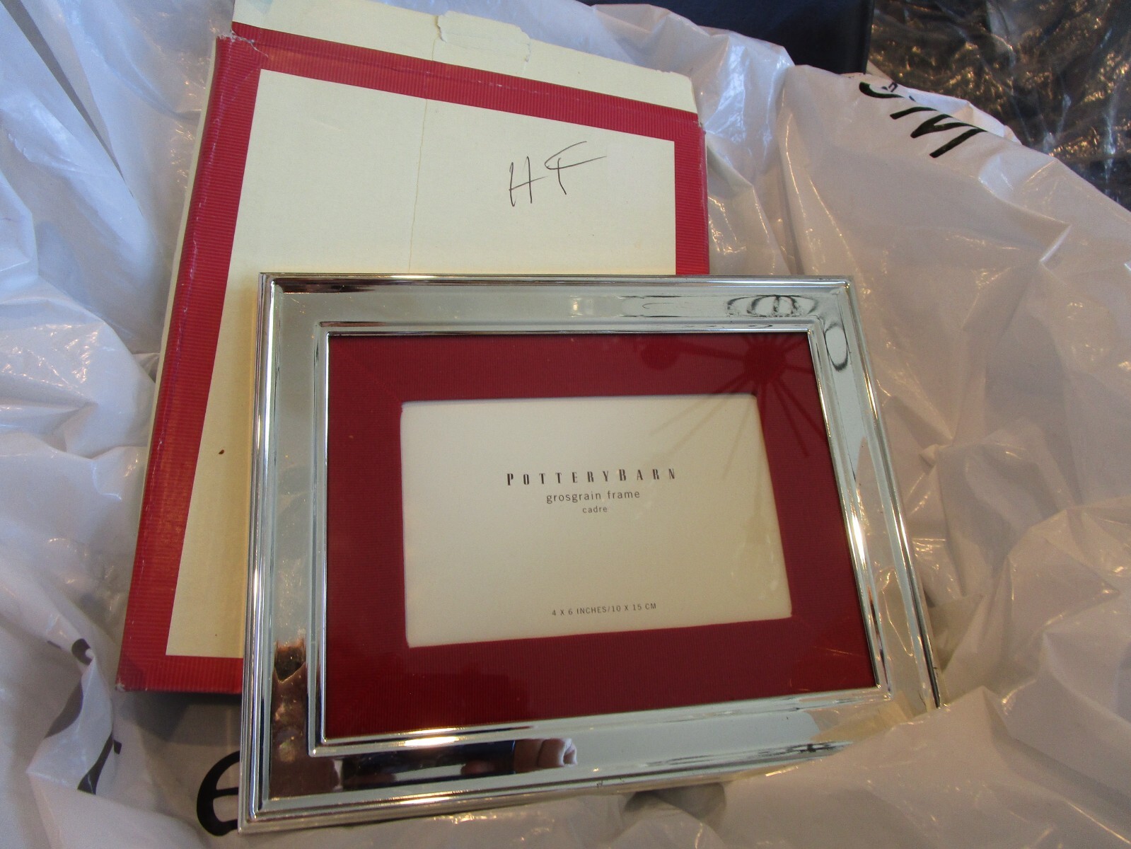 Pottery Barn silver red grosgrain frame 9 1/2 X 7 1/2" New w marks see #1 gallery