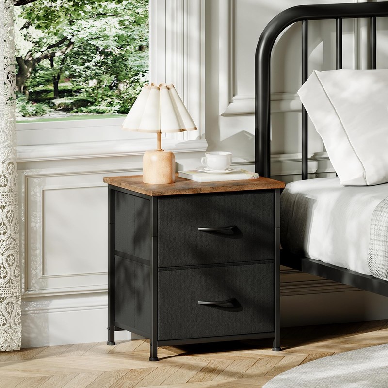 Nightstand 2 Drawer End Table Bedside Storage Fabric Bins Rustic Brown Black gallery