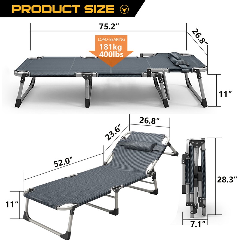 NAIZEA Folding Camping Cot Adjustable Adult Reclining Chaise Lounge Chair w/Mat gallery