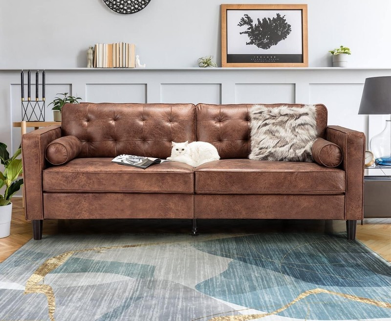 Esright 84.2" Mid-Century Modern Sofa Tufted Velvet Couch w/ 2 Bolster Pillows gallery