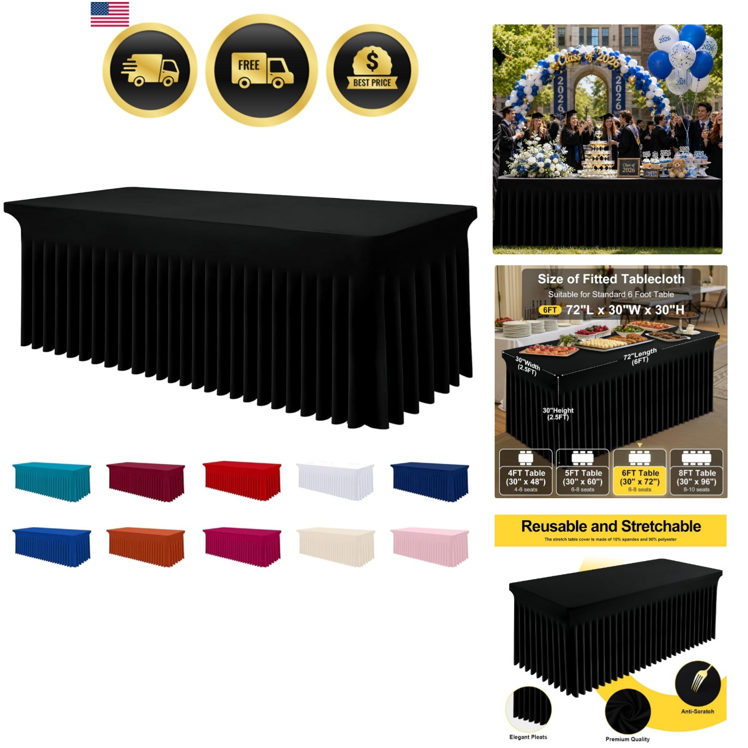 72x30 Inch Waterproof Spandex Tablecloth for Banquets & Parties - Black gallery