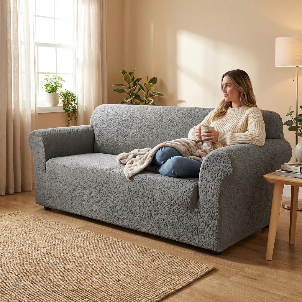 Sure Fit Stretch Delicate Leaf Sofa Cover in Grey gallery