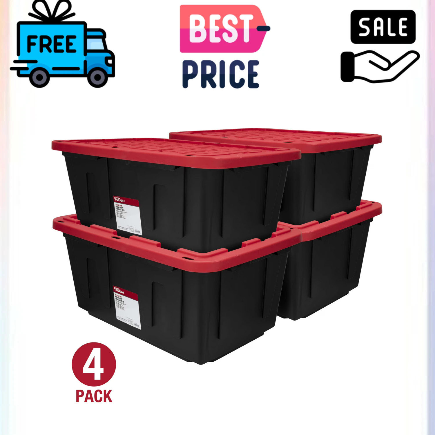 Hyper Tough 4 Pack 27 Gallon Storage Bin Snap Lid Heavy Duty Black Red gallery