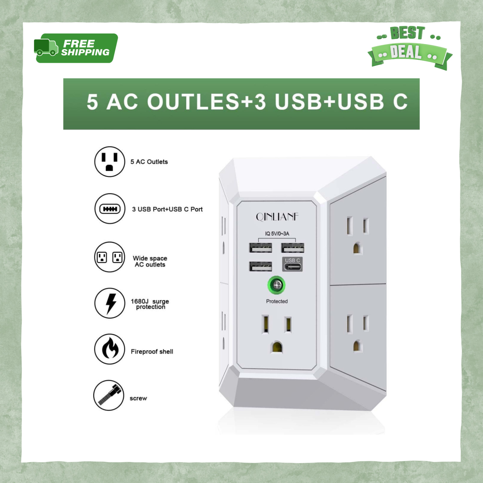 5 Outlet Extender Surge Protector Multi Plug Wall Adapter USB Charger Ports with gallery