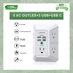 5 Outlet Extender Surge Protector Multi Plug Wall Adapter USB Charger Ports with