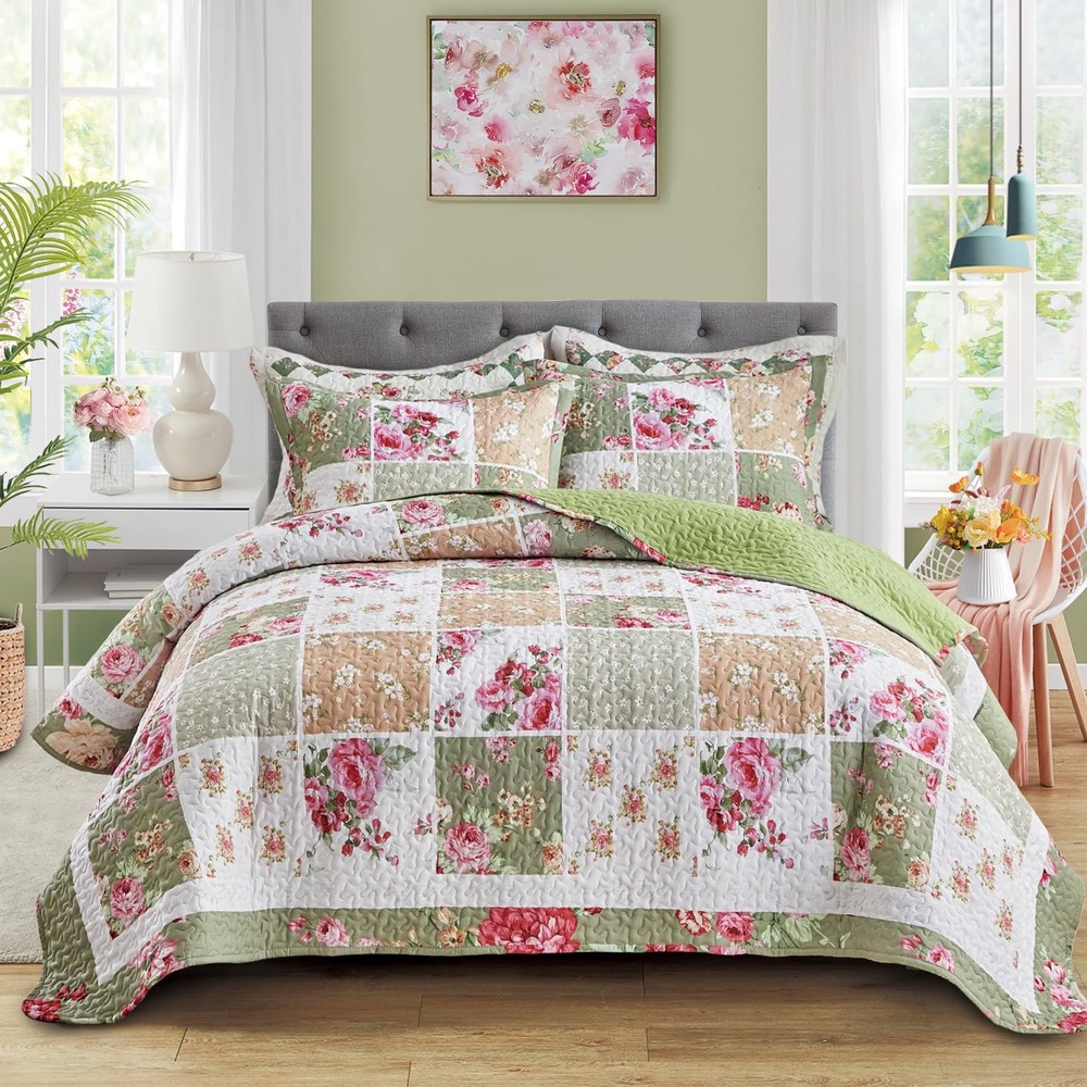 Patchwork Quilt Set King Size,3 Pieces Green White Pink 90*102,