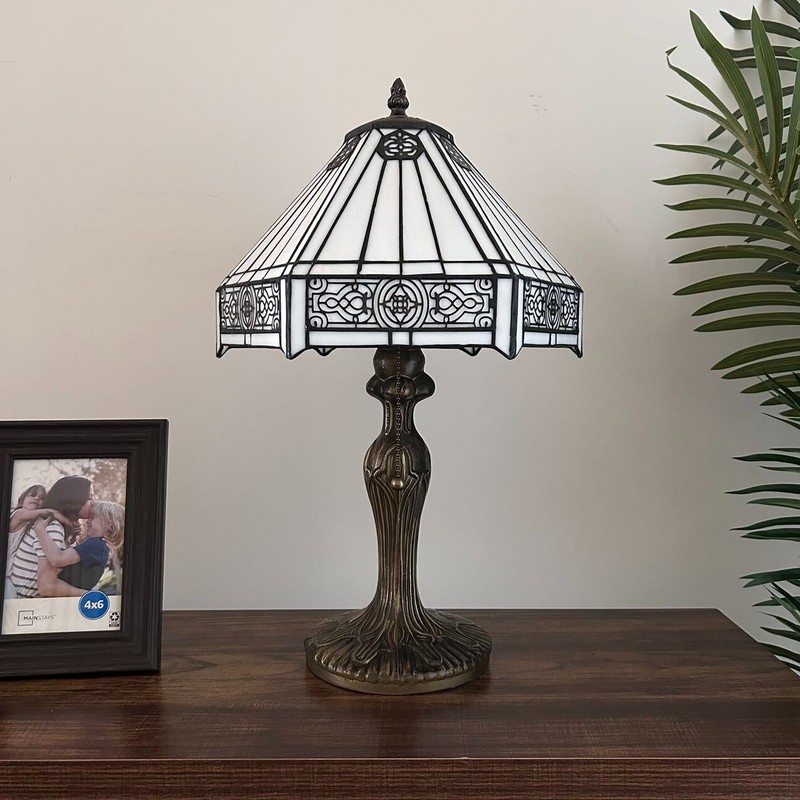 Tiffany Style Table Lamp White Stained Glass Hexagon Included LED Bulb 19"H*12"W gallery