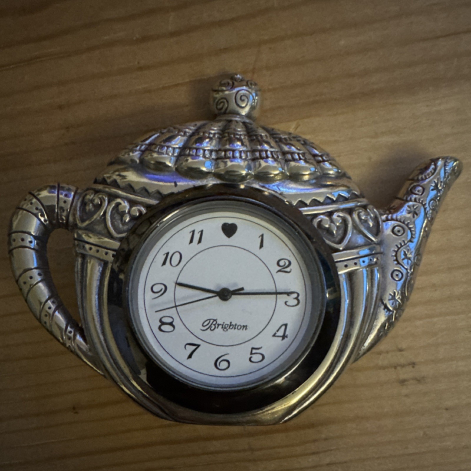 Brighton Teapot Desk Clock Silver Metal Analog Heart Motif Irregular Shape gallery