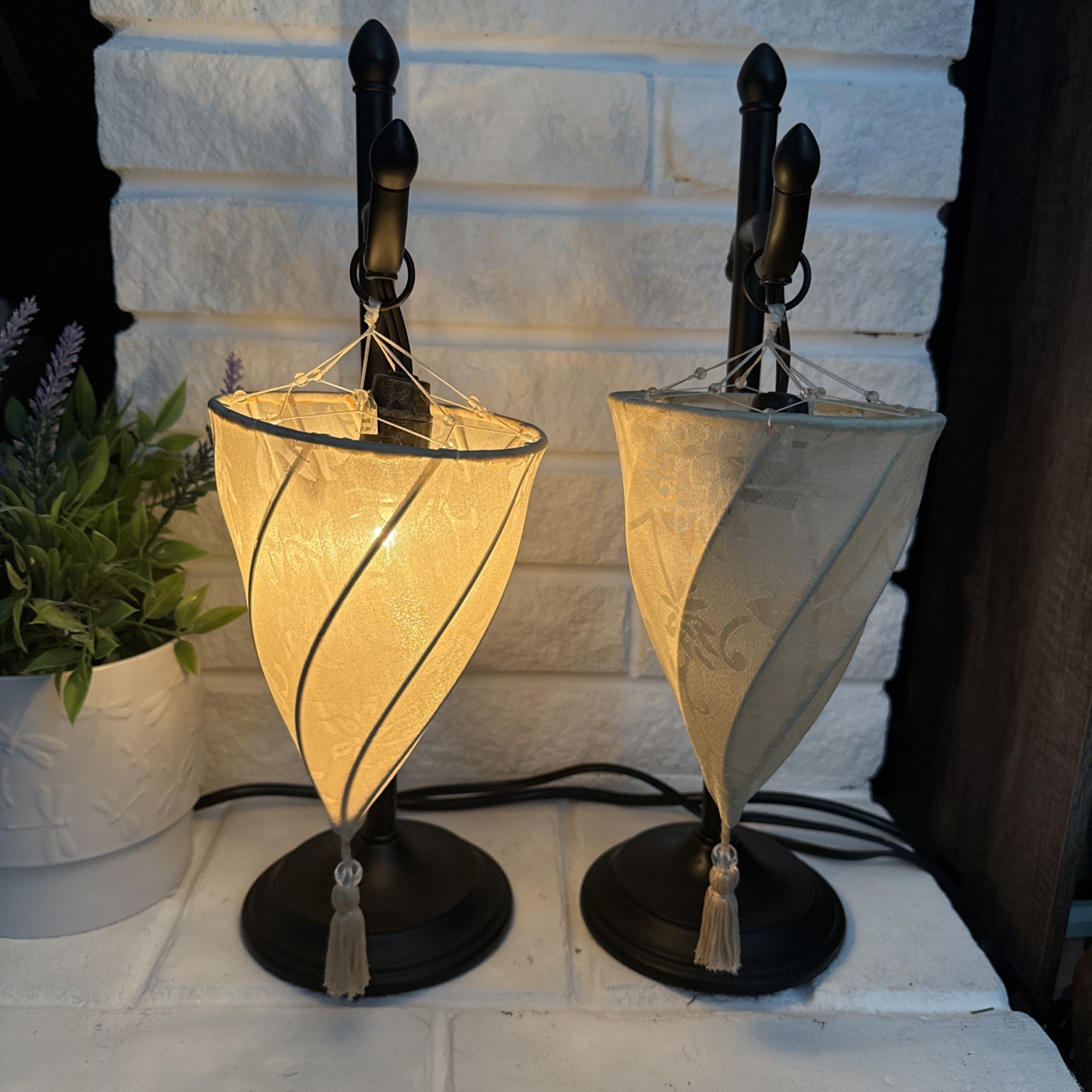 Pair Vintage Moroccan Medina Style Table Lamps Hook Hanging Fabric Cone Shade gallery