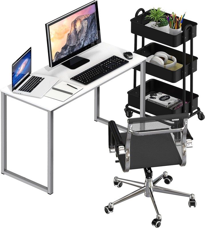 32in Computer Desk Black Steel Frame Wood Top Home Office Table White gallery