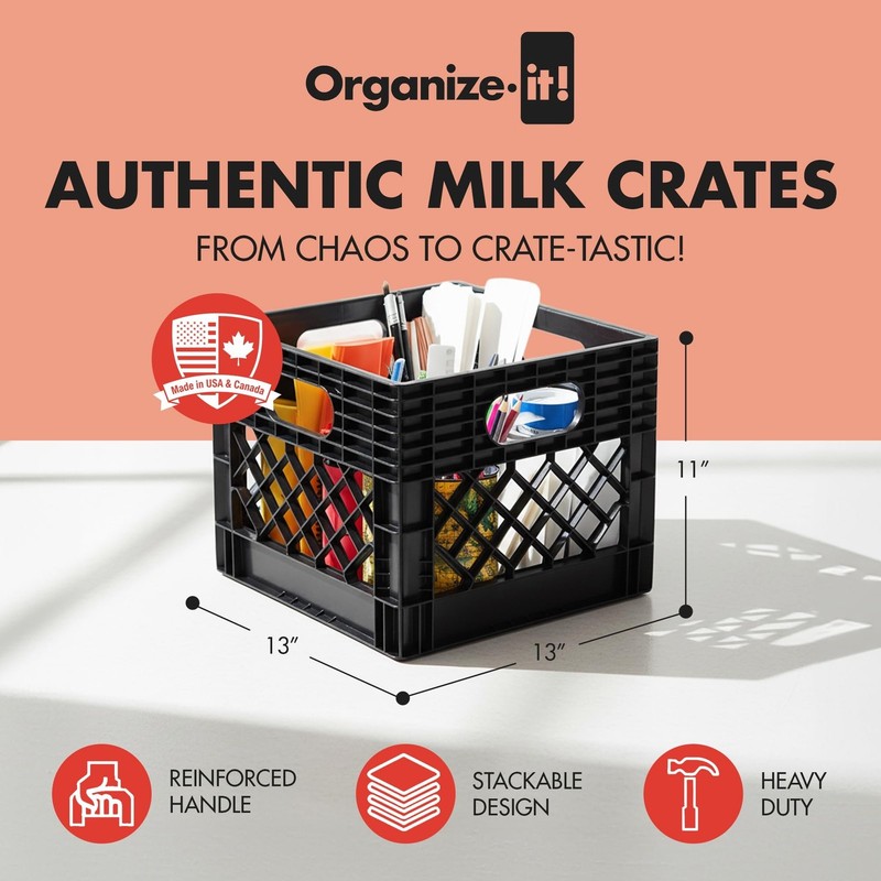 ORGANIZE-IT! 4 Pack Storage Milk Crate, Heavy Duty Versatile Box Organizers w... gallery