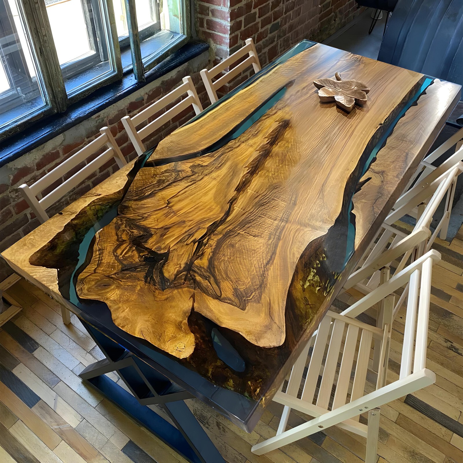Custom Blue Epoxy Resin Wood Kitchen Table Top | Handcrafted Modern Furniture gallery
