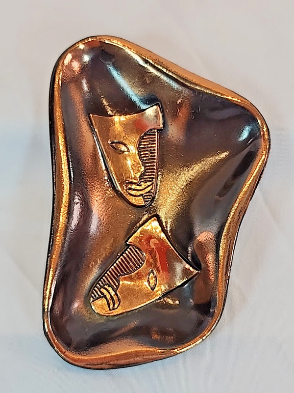 Unsigned Amorphous Theater Mask Brass Copper Black Trinket Dish gallery