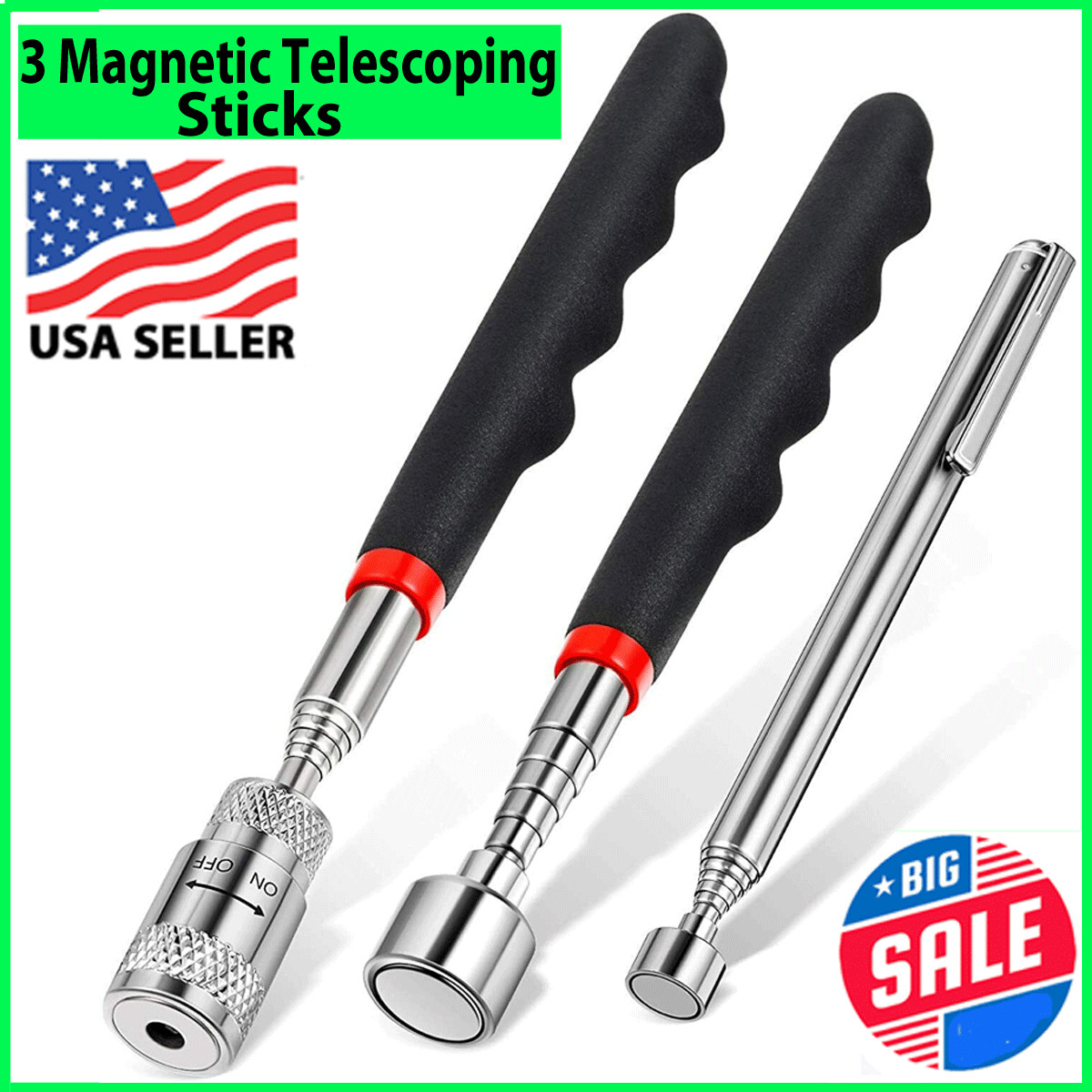 3pcs Magnet Pickup Tool Stick Telescoping Include 8 lb LED Light Grabber Extend gallery