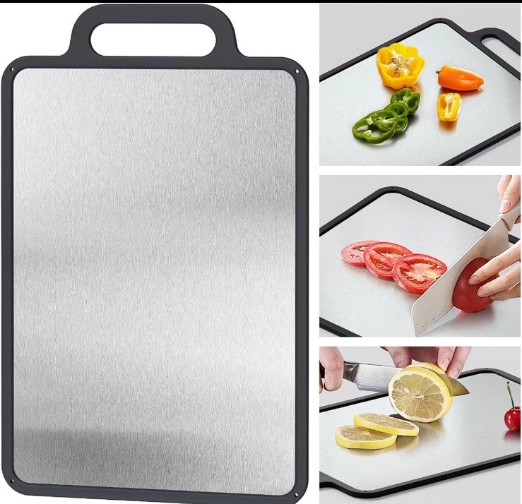 Double-Sided Stainless Steel Cutting Board with Juice Grooves and Grip Handle gallery