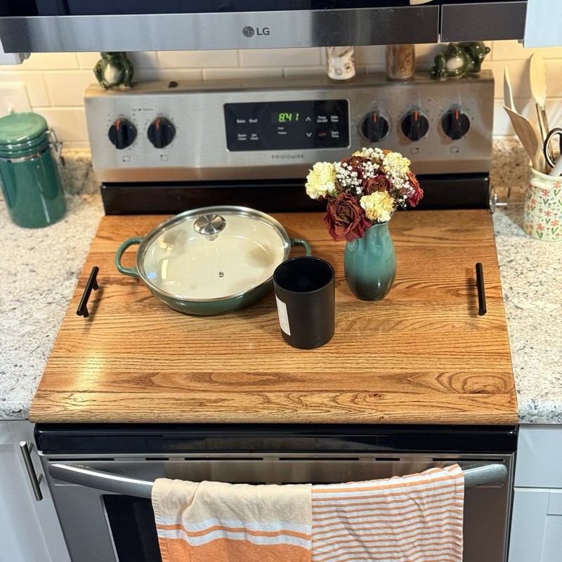 Solid Red Oak Stove Top Cover – Custom Fit Stove Top Board with Black Handles gallery